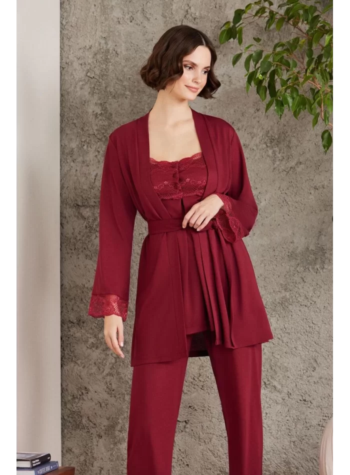 Kaliteli Şık Bordo 3Lü Pijama Takımı