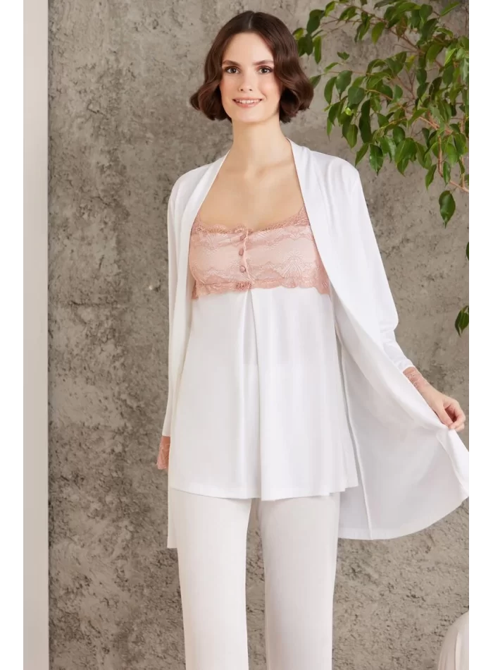 Dantelli Şık Brandy Renkli 3Lü Pijama Takımı
