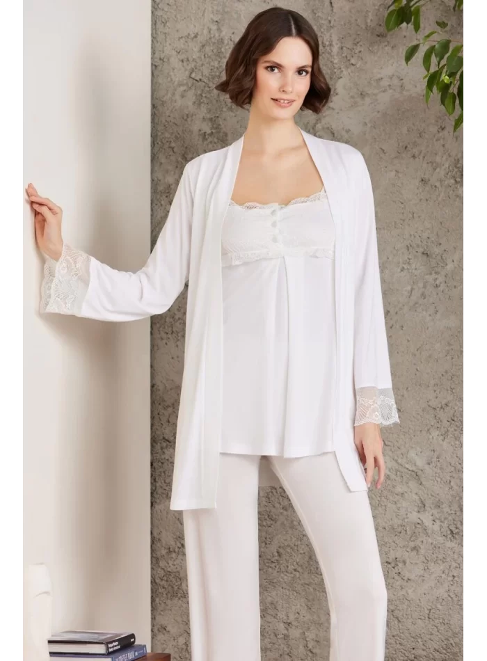 Kaliteli Şık 3lü Pijama Takımı - Ekru