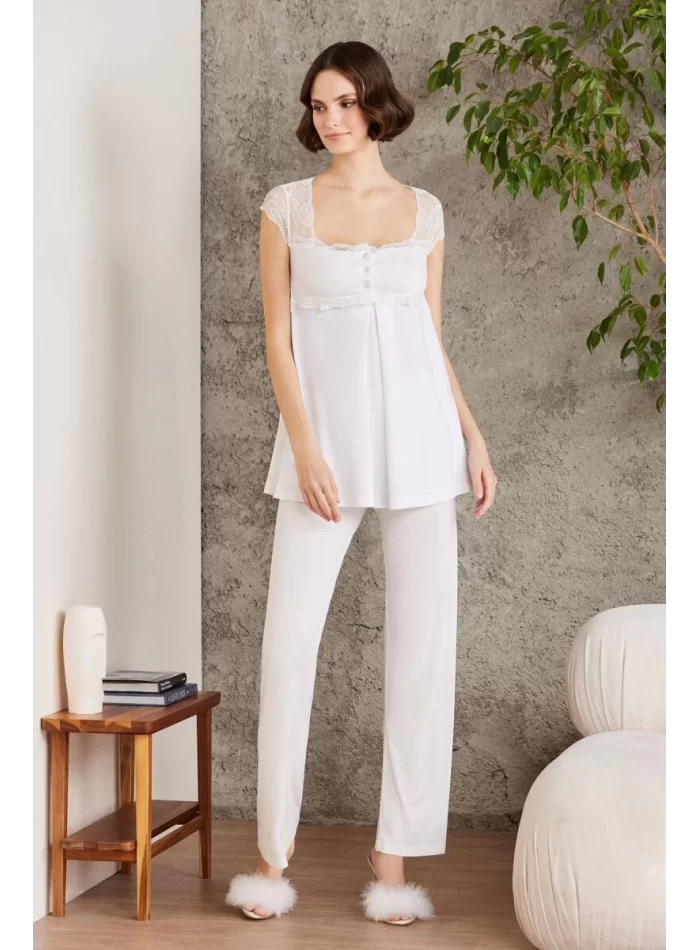 Kaliteli Şık 3lü Pijama Takımı - Ekru