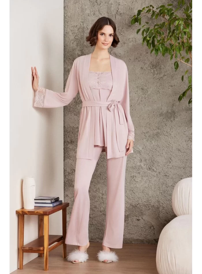 Dantelli Şık 3lü Pijama Takımı - Pudra Renk