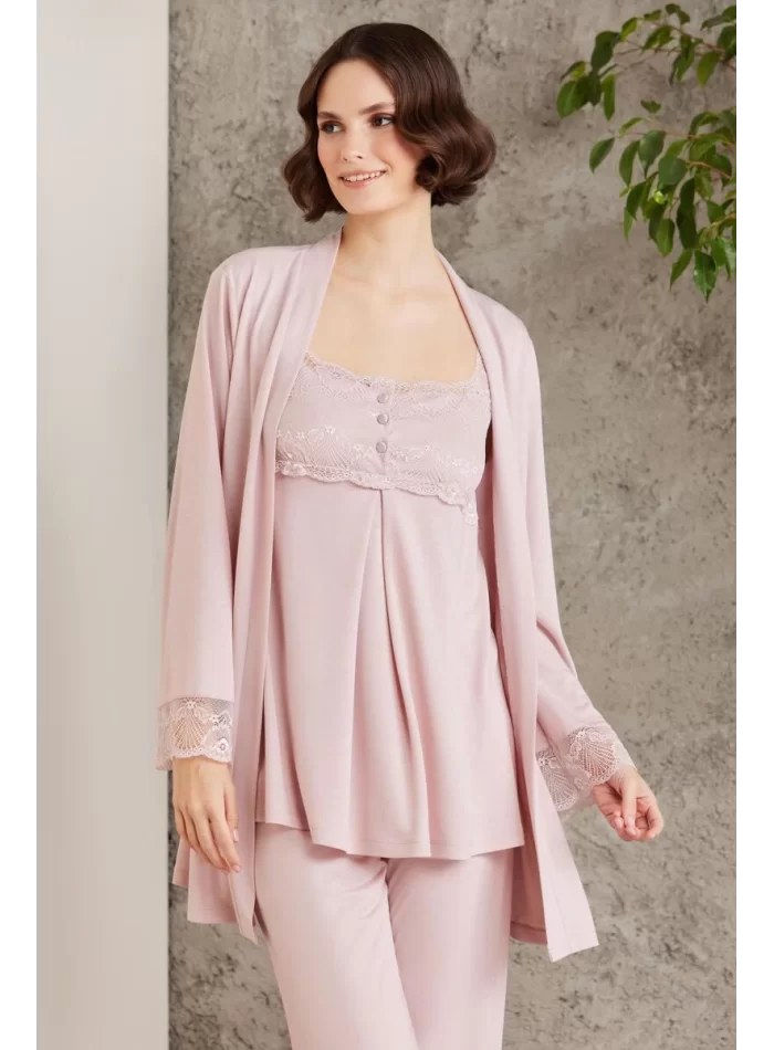Dantelli Şık 3lü Pijama Takımı - Pudra Renk