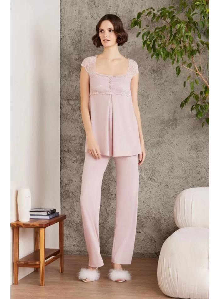 Dantelli Şık 3lü Pijama Takımı - Pudra Renk