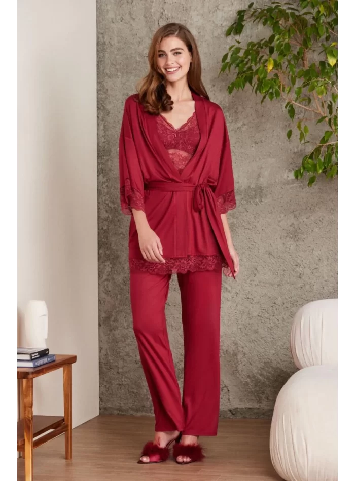 Kaliteli Şık Bordo 3Lü Pijama Takımı
