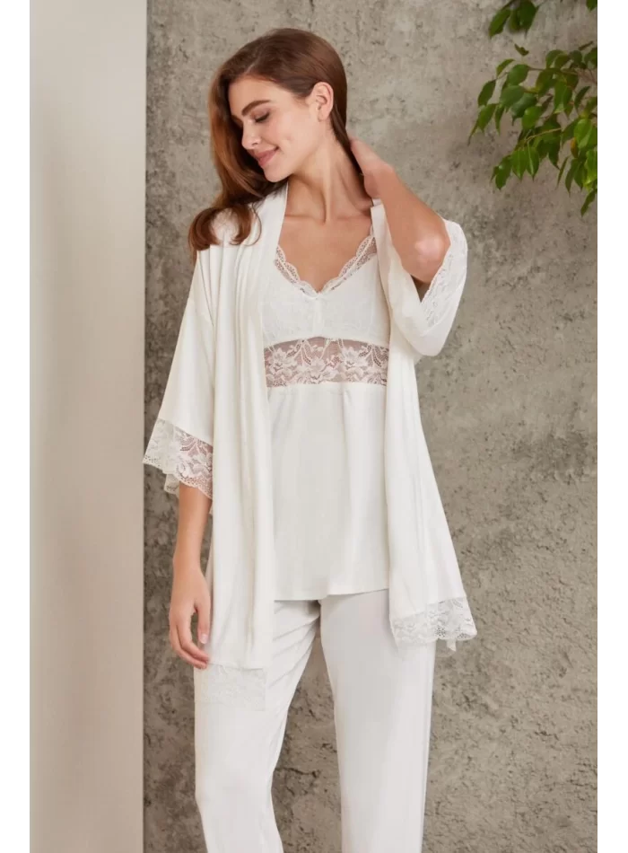 Kaliteli Şık 3Lü Lohusa Pijama Takımı - Ekru