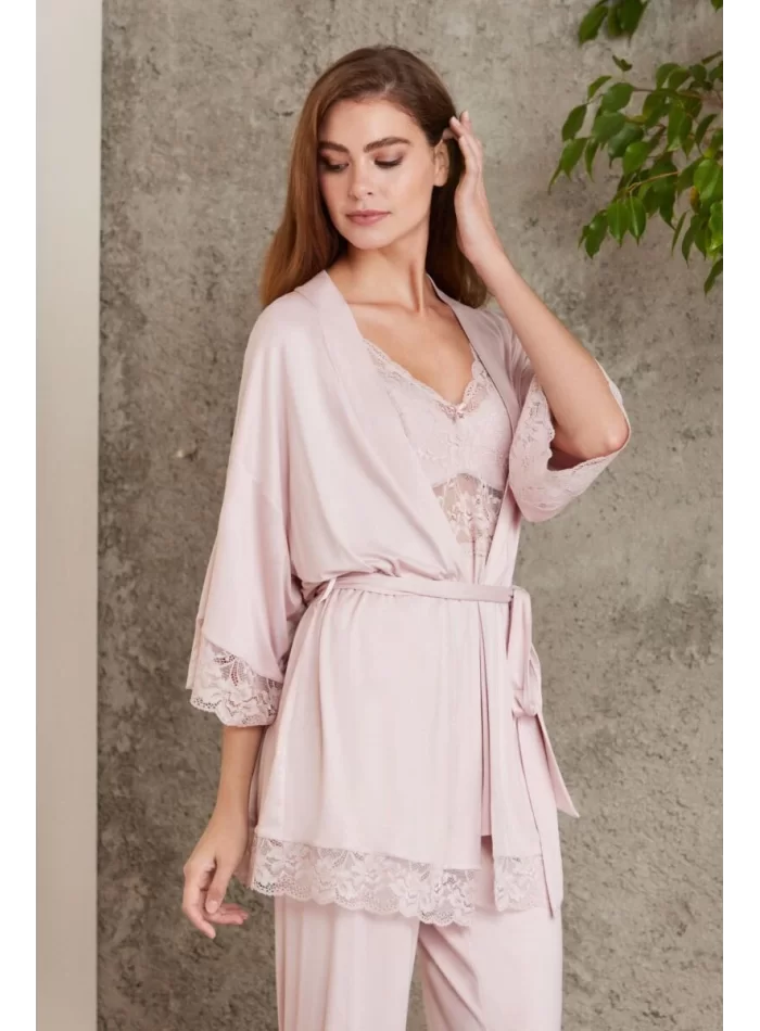 Kaliteli Şık 3Lü Pijama Takımı - Pudra Renk