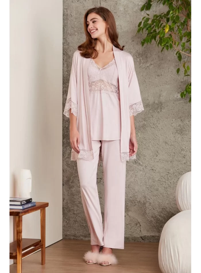 Kaliteli Şık 3Lü Pijama Takımı - Pudra Renk