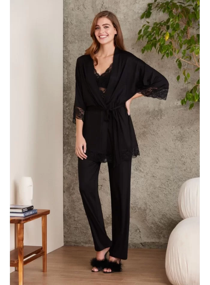 Kaliteli Şık Siyah 3Lü Pijama Takımı