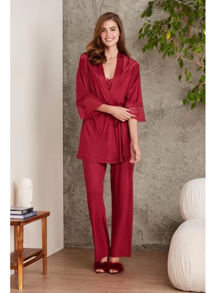 Kaliteli Şık Bordo 3Lü Pijama Takımı