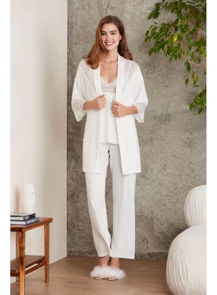Kaliteli Şık 3Lü Ekru Pijama Takımı