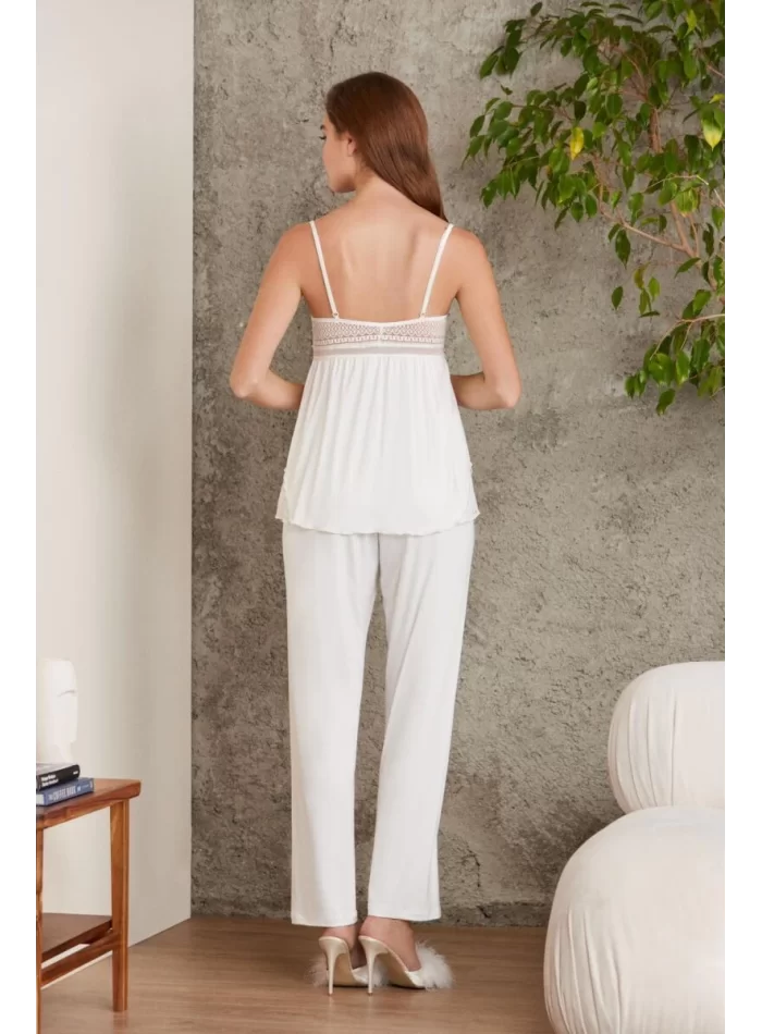 Kaliteli Şık 3Lü Ekru Pijama Takımı