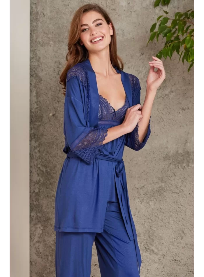 Kaliteli Şık Lacivert 3Lü Pijama Takımı