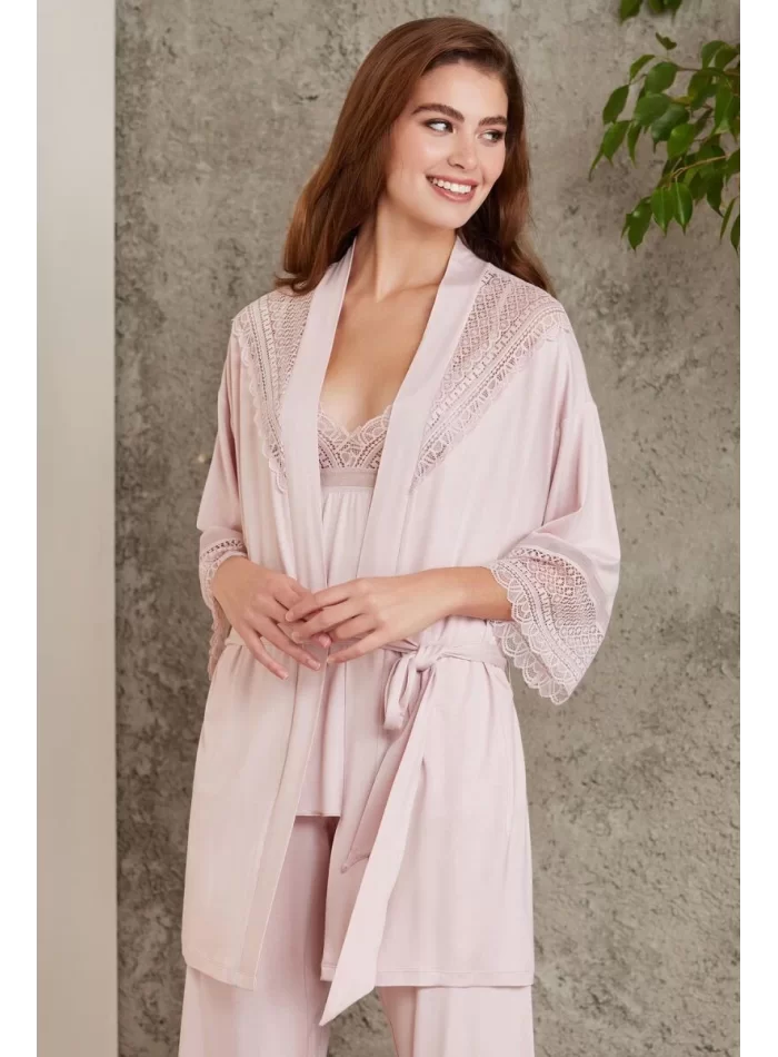 Kaliteli Şık 3Lü Pijama Takımı - Pudra Renk