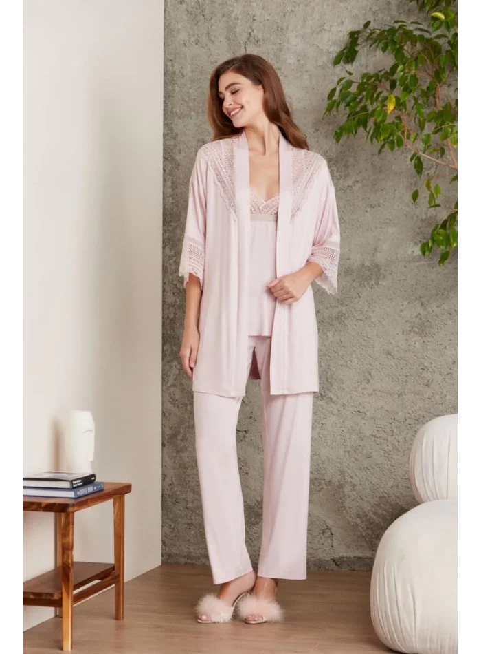Kaliteli Şık 3Lü Pijama Takımı - Pudra Renk