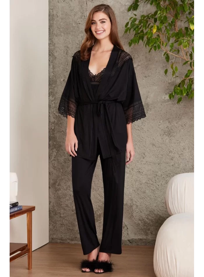 Kaliteli Şık Siyah 3Lü Pijama Takımı