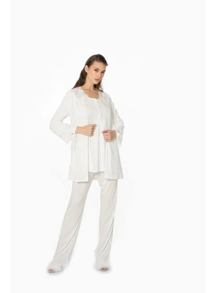 Güpürlü Şık Günlük Pijama Takımı - Ekru