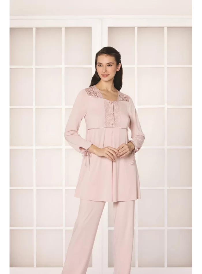 Güpürlü Şık Penye Pijama Takımı - Pudra Renk