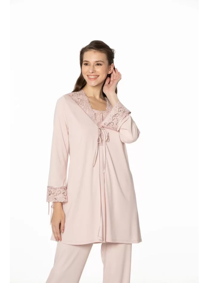 Güpürlü Şık Penye Pijama Takımı - Pudra Renk