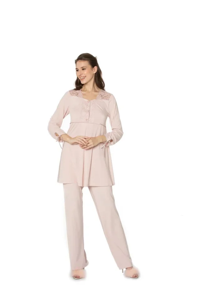 Güpürlü Şık Penye Pijama Takımı - Pudra Renk