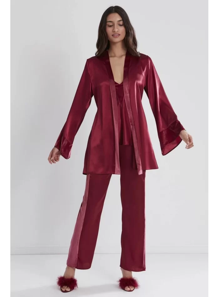 Kaliteli Şık 3lü Kadın Pijama Takımı - Bordo Renk