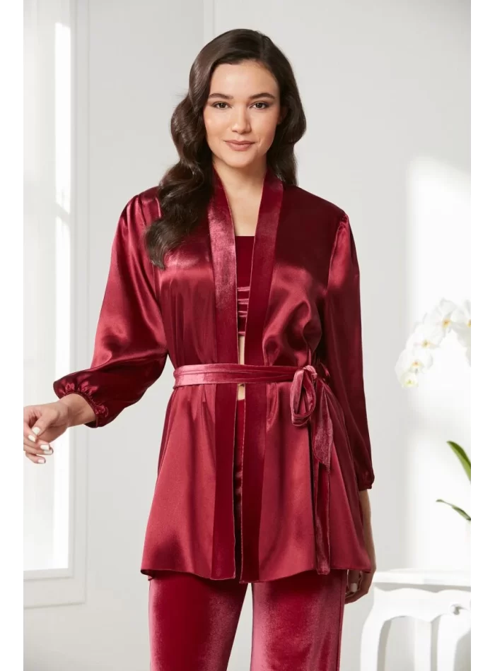 Kaliteli Kadın Şık Crop Pijama Takımı - Bordo Renk