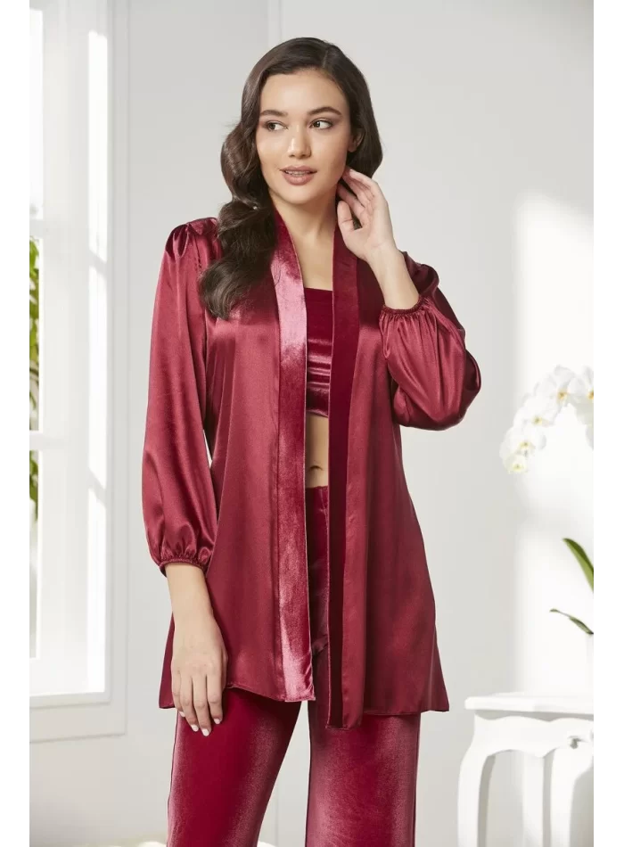 Kaliteli Kadın Şık Crop Pijama Takımı - Bordo Renk