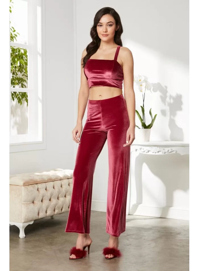 Kaliteli Kadın Şık Crop Pijama Takımı - Bordo Renk