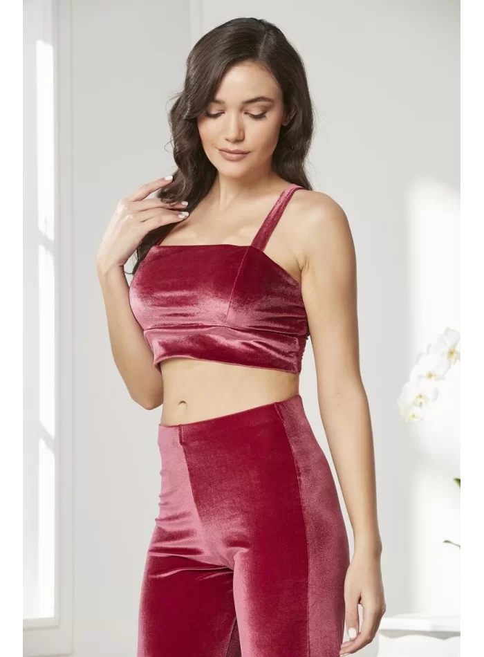 Kaliteli Kadın Şık Crop Pijama Takımı - Bordo Renk