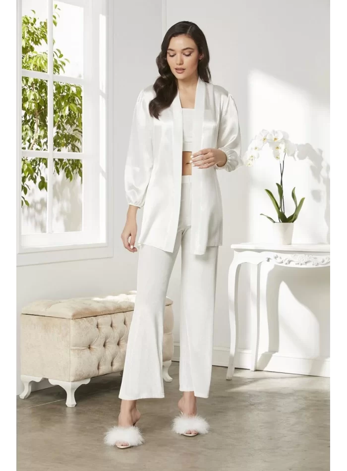 Kadife Şık Kadın Crop Pijama Takımı - Ekru