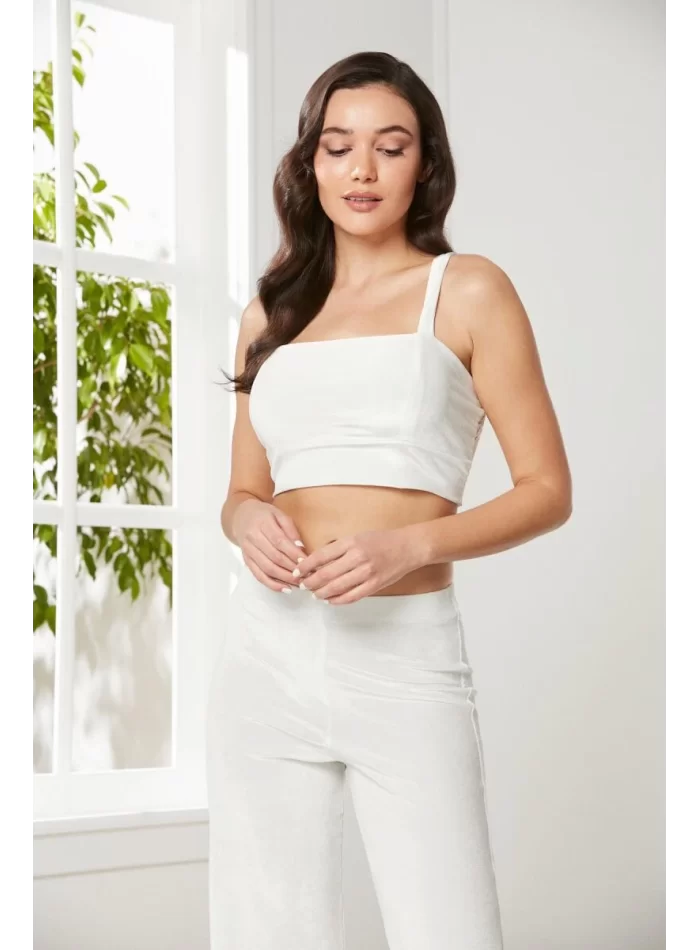 Kadife Şık Kadın Crop Pijama Takımı - Ekru