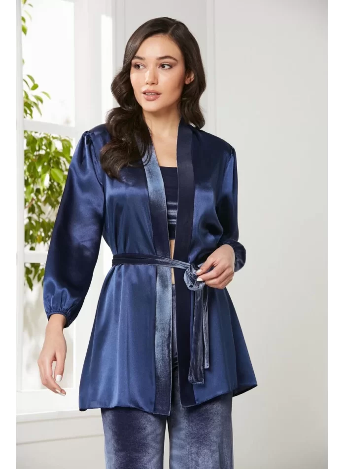Kadife Şık Kadın Crop Pijama Takımı Lacivert
