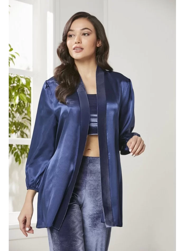 Kadife Şık Kadın Crop Pijama Takımı Lacivert