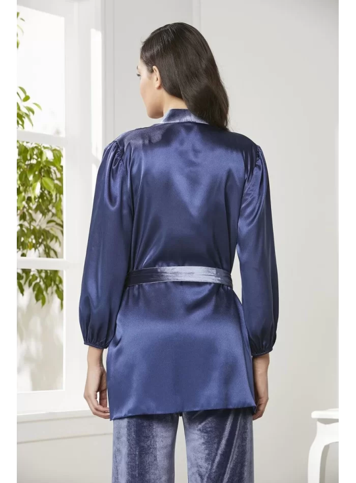 Kadife Şık Kadın Crop Pijama Takımı Lacivert