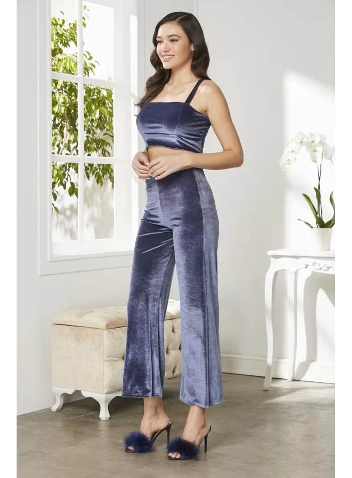 Kadife Şık Kadın Crop Pijama Takımı Lacivert