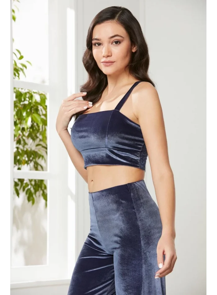 Kadife Şık Kadın Crop Pijama Takımı Lacivert