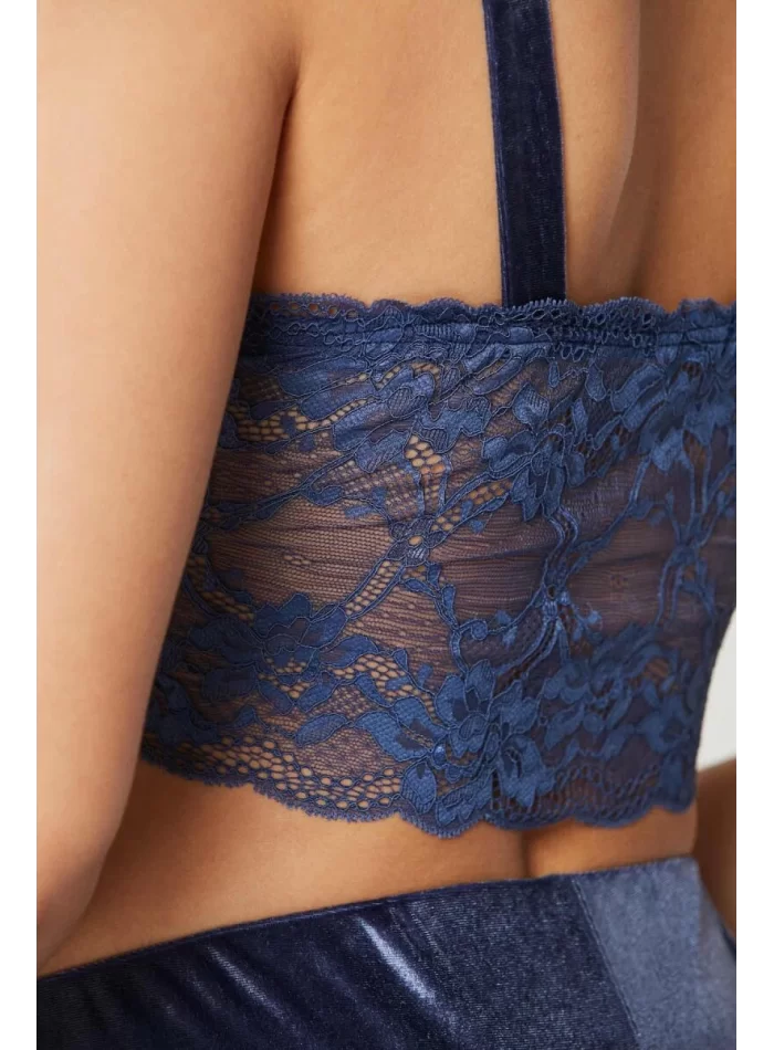Kadife Şık Kadın Crop Pijama Takımı Lacivert