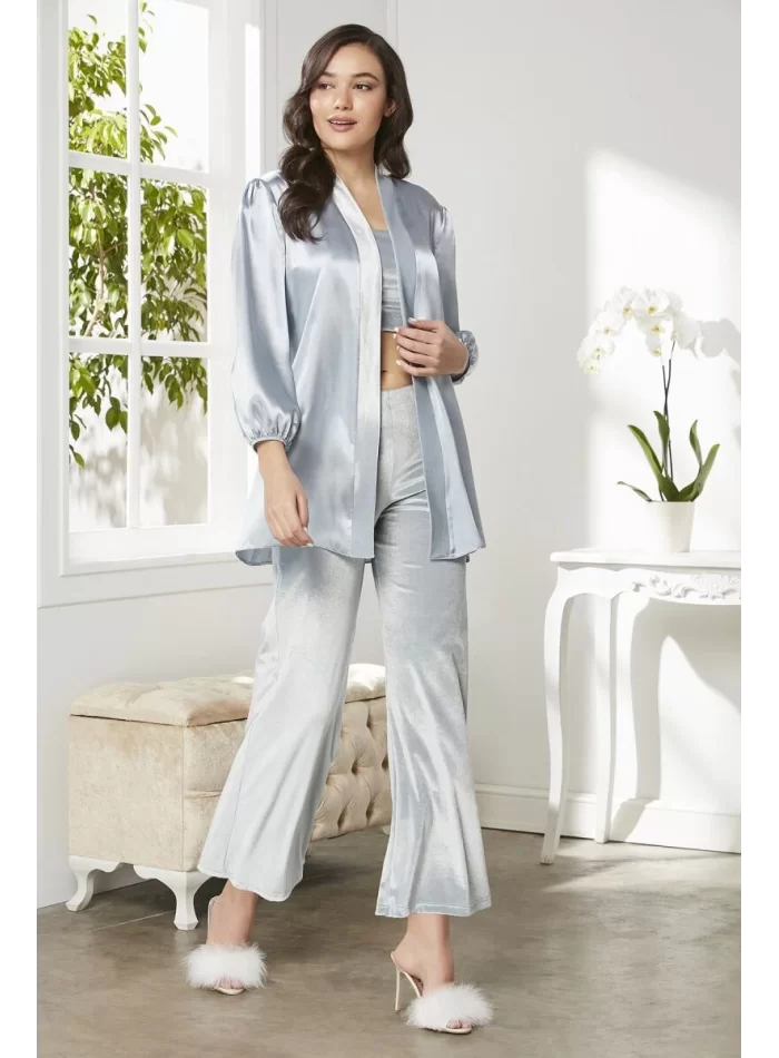 Kadife Şık Kadın Crop Pijama Takımı - Mist Renk