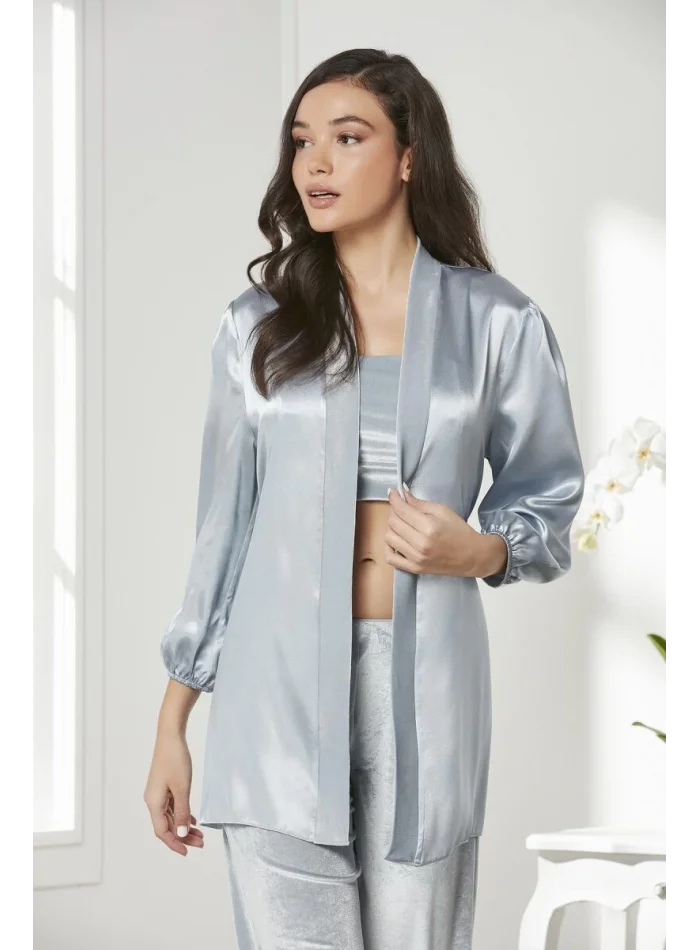 Kadife Şık Kadın Crop Pijama Takımı - Mist Renk