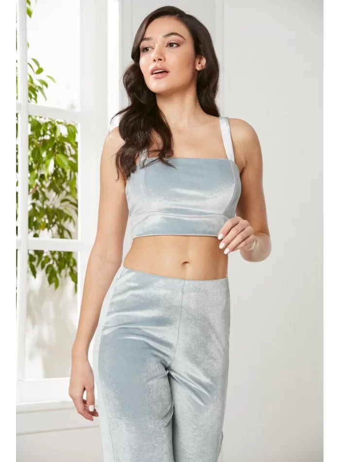Kadife Şık Kadın Crop Pijama Takımı - Mist Renk
