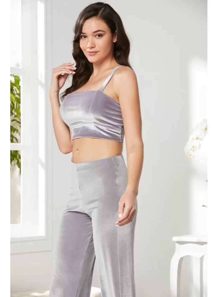 Kadife Şık Kadın Crop Pijama Takımı - Royal