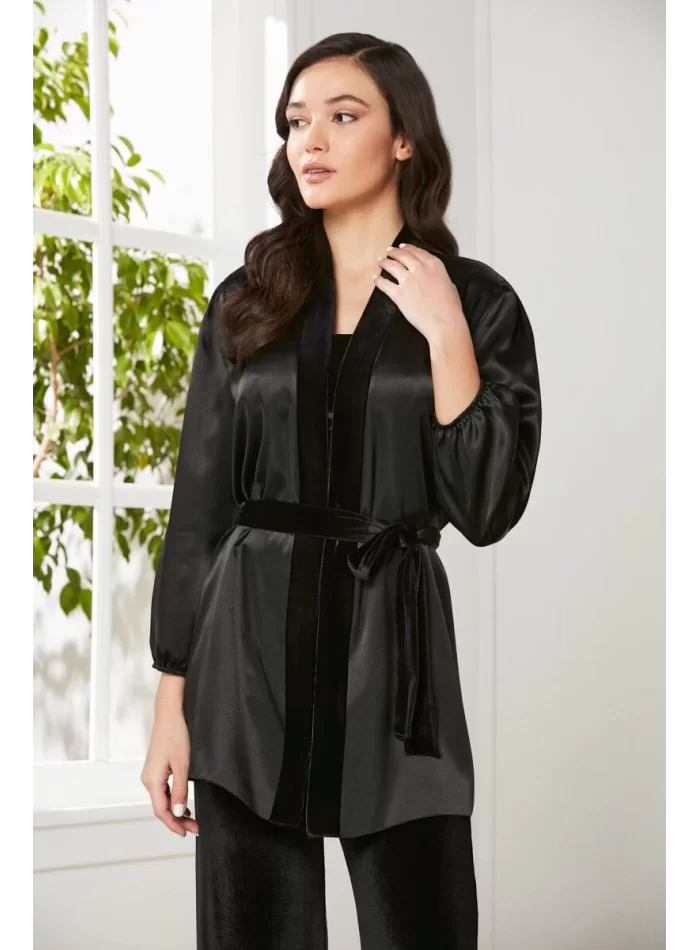 Kaliteli Şık Kadın Crop Pijama Takımı - Siyah