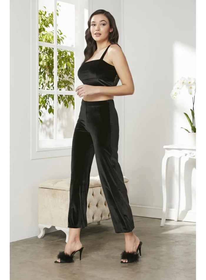 Kaliteli Şık Kadın Crop Pijama Takımı - Siyah