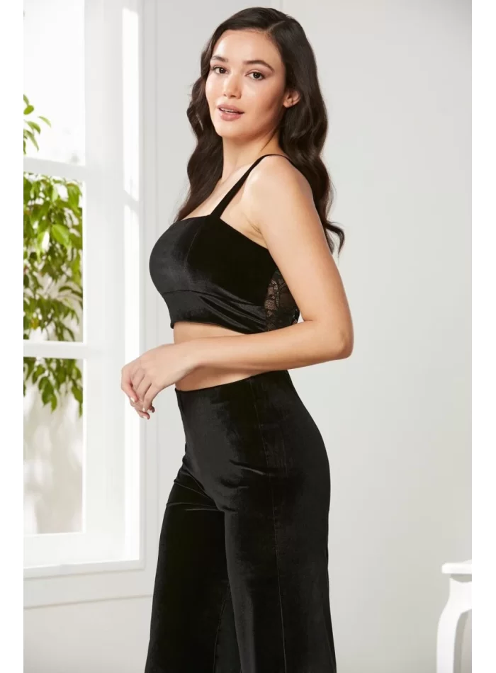 Kaliteli Şık Kadın Crop Pijama Takımı - Siyah