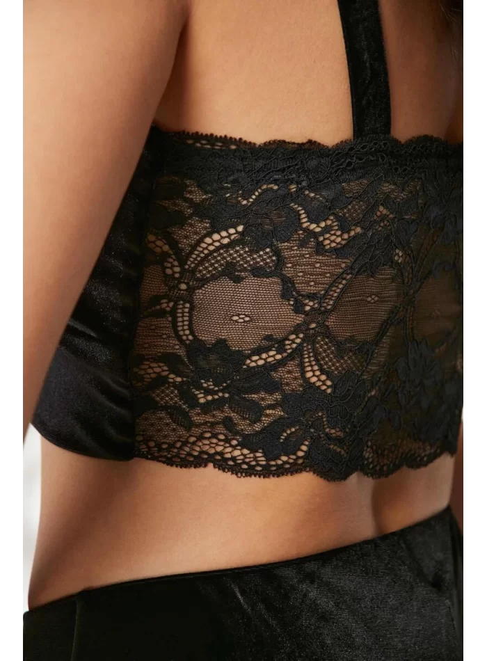 Kaliteli Şık Kadın Crop Pijama Takımı - Siyah