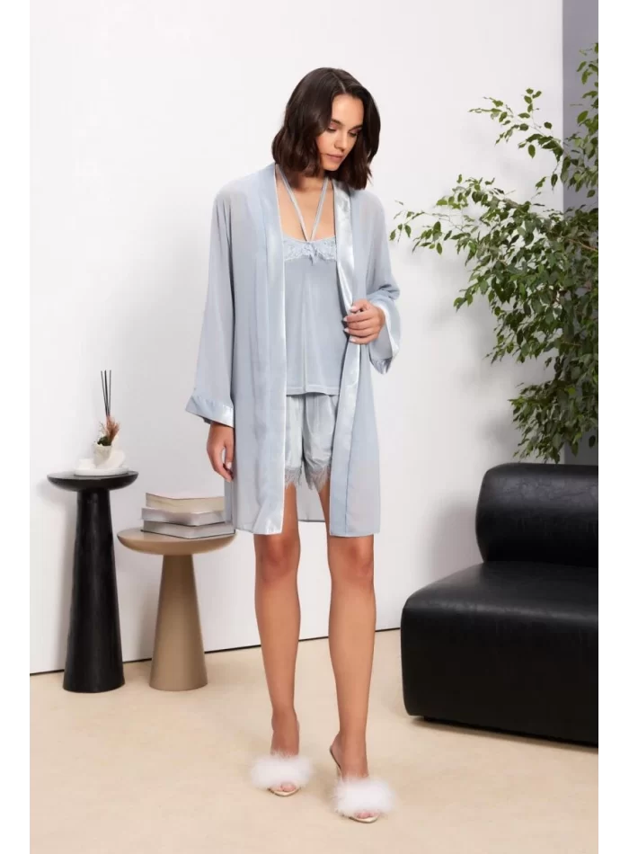 Kadife Şık 3lü Kadın Pijama Takımı - Mist Renk