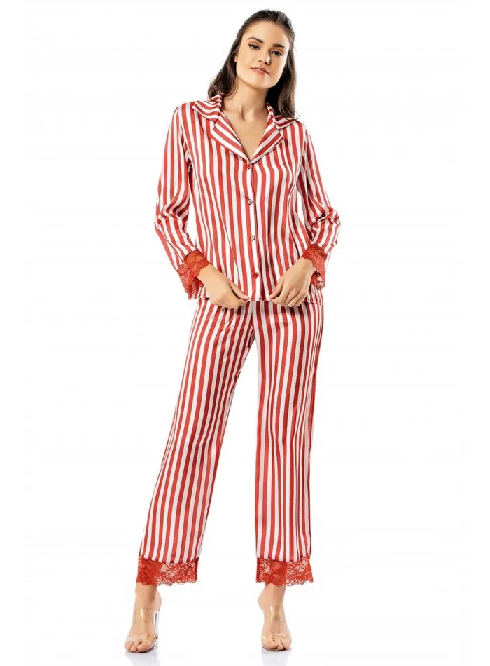 Çizgili Şık Kiremit Gecelik Pijama Takımı