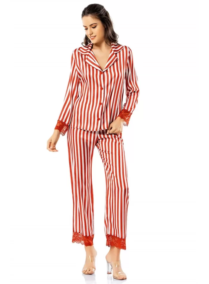 Çizgili Şık Kiremit Gecelik Pijama Takımı