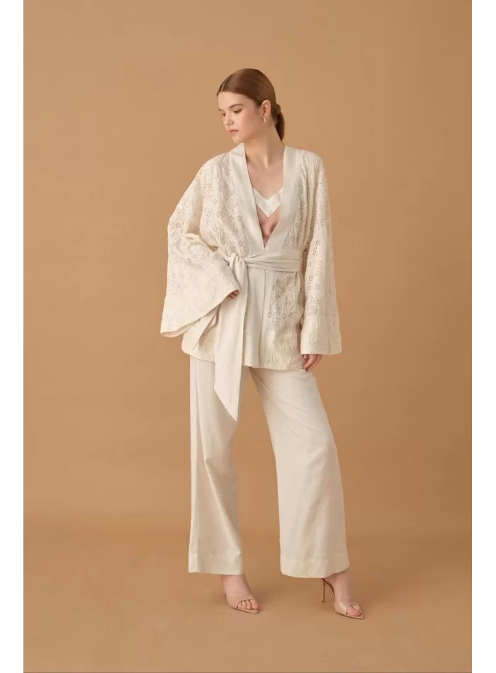NICOLE Şık Rahat Kadın Kimono Pantolon Pijama Takımı - Neutral