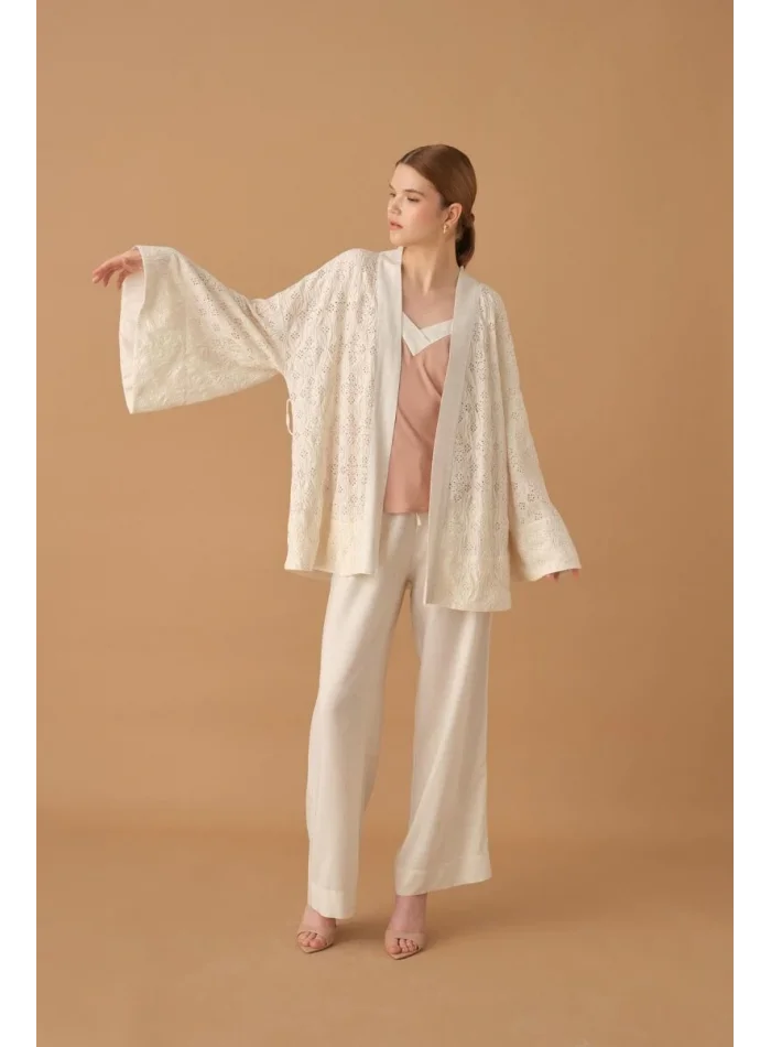 NICOLE Şık Rahat Kadın Kimono Pantolon Pijama Takımı - Neutral