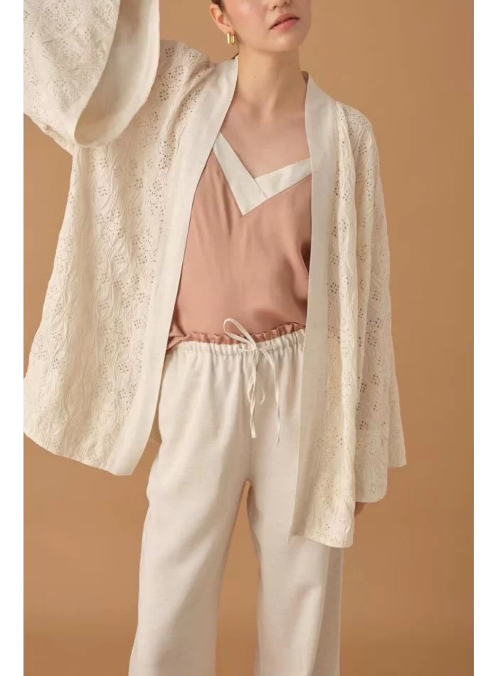 NICOLE Şık Rahat Kadın Kimono Pantolon Pijama Takımı - Neutral